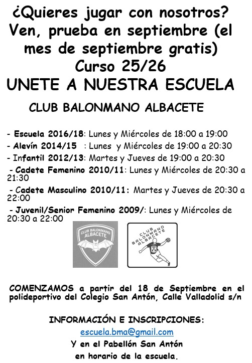 Información sobre la inscripción a la escuela de balonmano